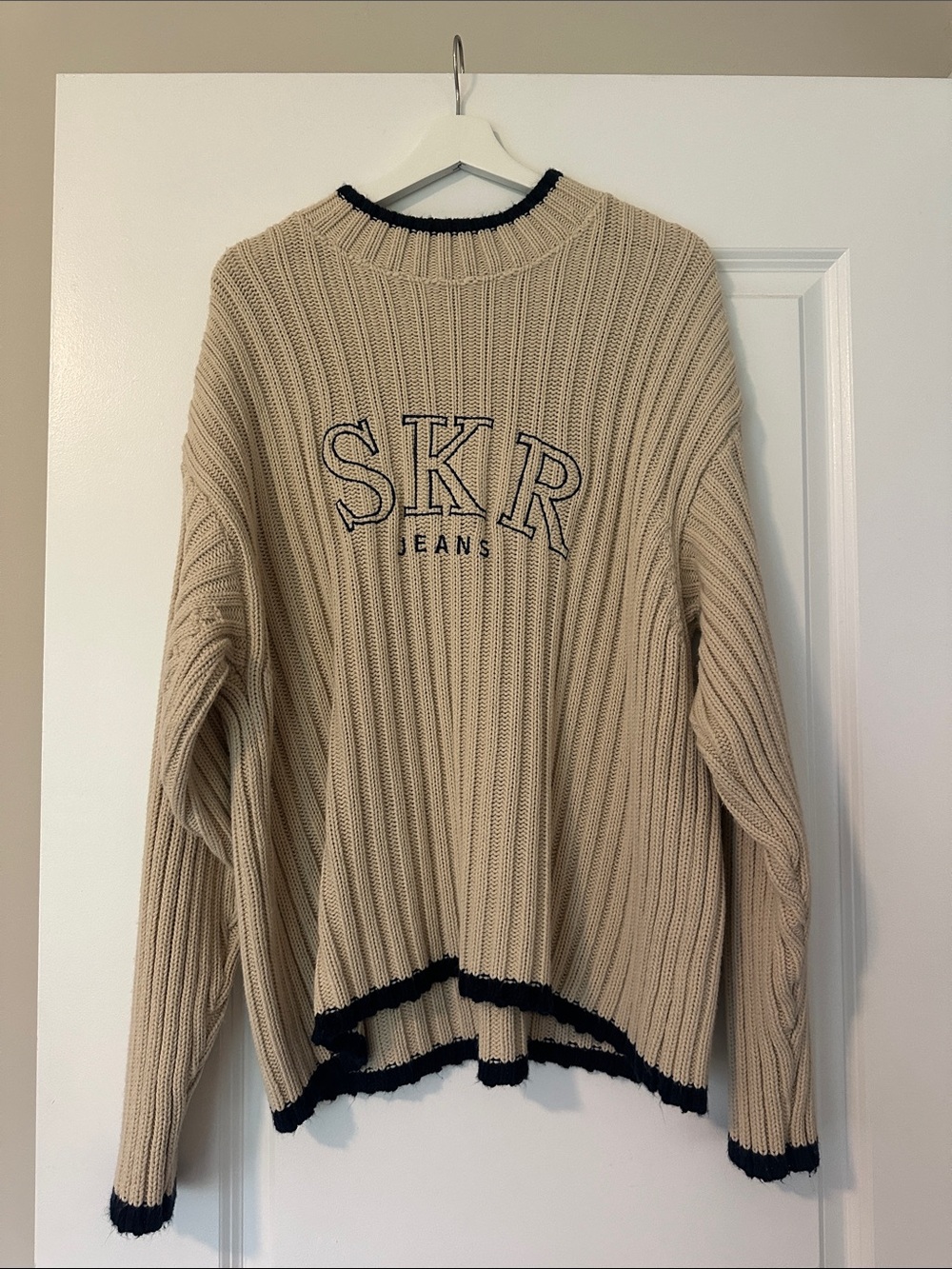 Beige SKR Jeans Ribbed Knit Sweater with Navy Trim